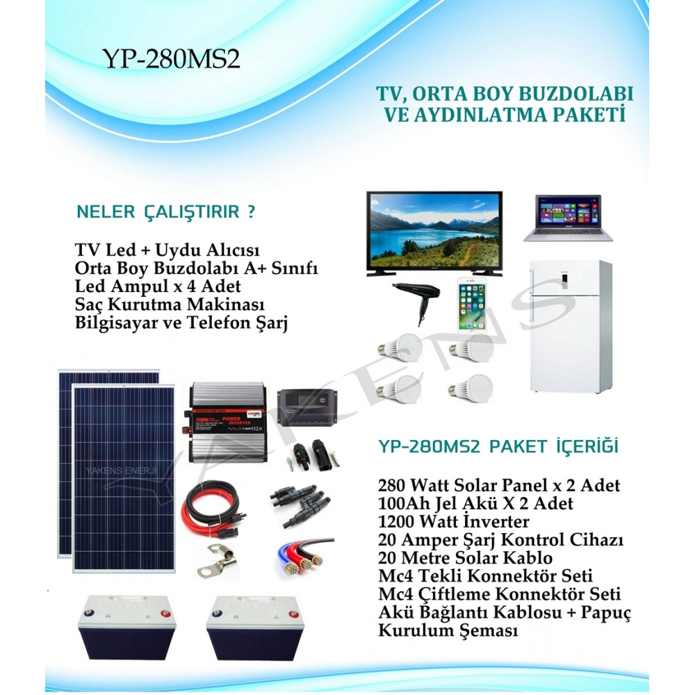 Orta Boy Buzdolabı + Tv + Aydınlatma Hazır Solar Paket YP-280MS2 Paket 1